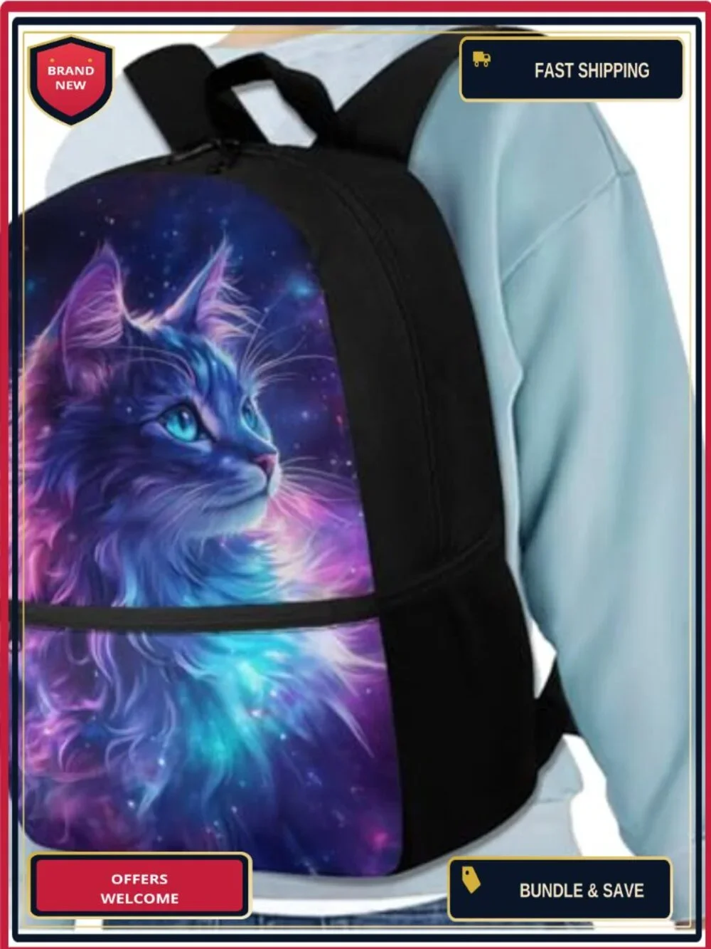 Galaxy Cat Backpack with Lunch Box Set for Girls Kids School Bookbag Pencil